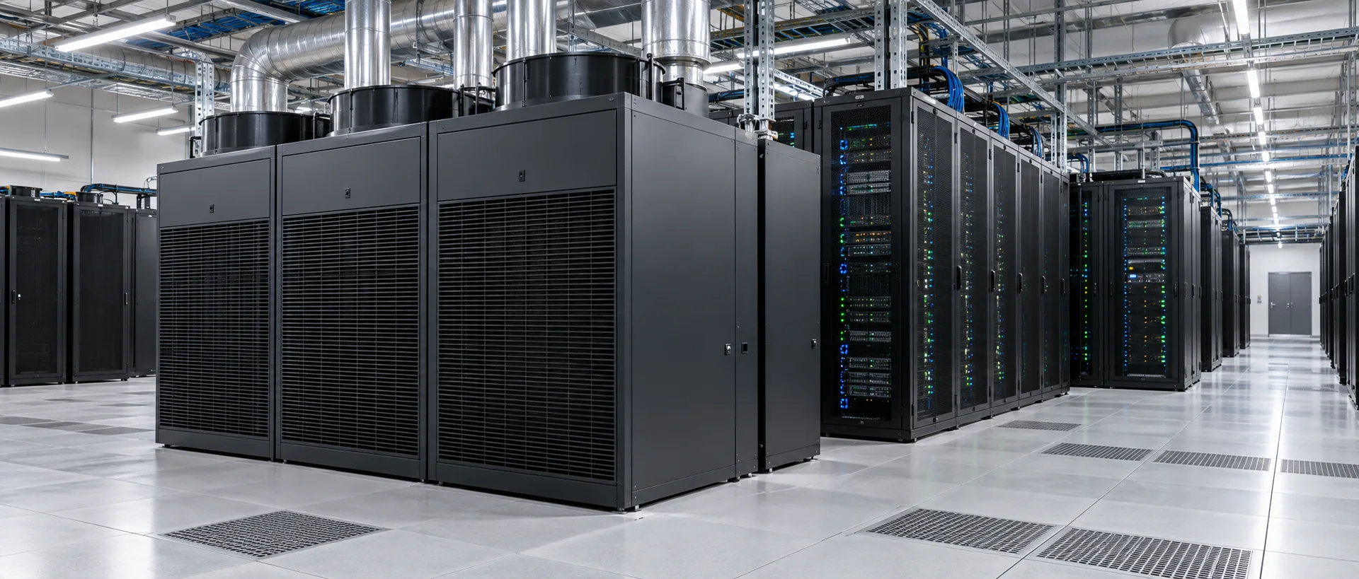 Illustration of cooling equipment beside server racks in a data center